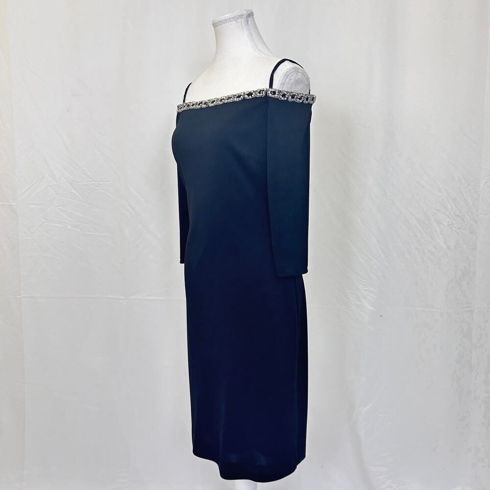 BASIX Black Label Navy Blue Beaded Off-Shoulder Sheath Cocktail Dress, Size 6